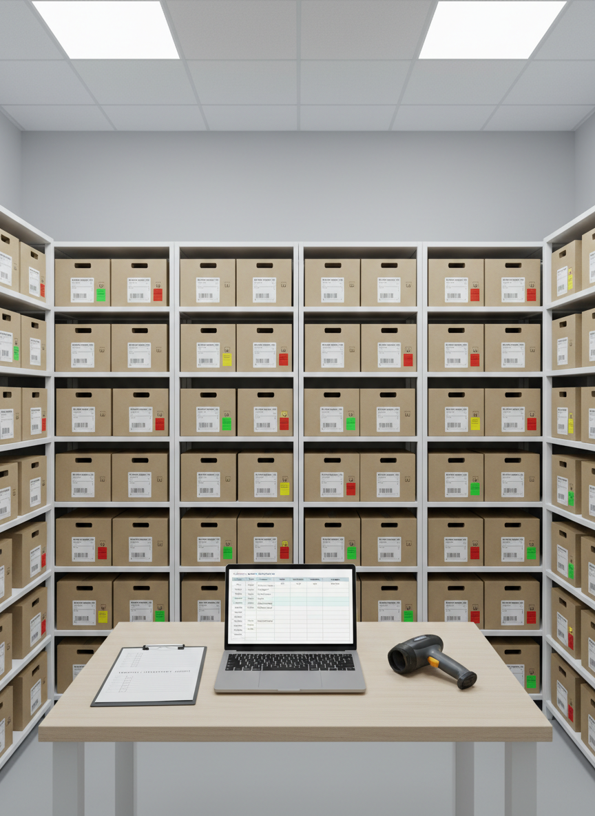 A clean, professional storage and inventory corner showcasing tall, white shelving units neatly lined with uniformly sized cardboard boxes, each with printed, barcoded labels and colored tags indicating stock levels. On a central work table, an open laptop displays a simplified inventory spreadsheet beside a handheld barcode scanner and a clipboard with a tidy checklist. Cool, even overhead lighting brightens every surface, minimizing shadows and emphasizing clarity and control. The photographic image is captured at eye level with sharp focus throughout, allowing every label and surface texture to be visible. The composition feels spacious, well-ordered, and methodical, visually communicating reliable inventory ordering and maintenance coordination services.