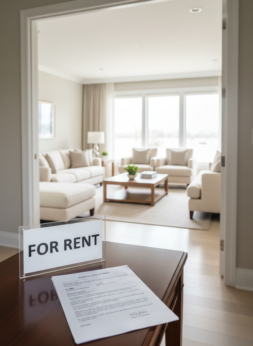 A high-end, photographic real estate marketing scene featuring a tidy, furnished living room viewed through an open doorway, with a crisp "For Rent" sign and a neatly printed sample lease document on a small console table in the foreground. The room beyond shows neutral-toned furniture, a staged coffee table with a small plant, and large windows letting in soft afternoon light that gently illuminates the space. The lease pages are visible with clean headings and structured paragraphs, but no readable personal information. Shot from a slightly elevated, wide-angle perspective, the composition uses depth of field to keep both the sign and the inviting room in clear focus. The atmosphere is professional, welcoming, and trustworthy, ideal for illustrating rental property marketing and lease preparation.