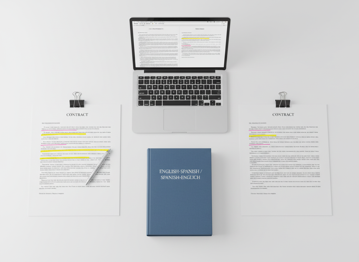 A split-workspace photographic composition on a wide, pristine white desk: on the left, a printed English contract with neatly highlighted passages and a slim silver pen; on the right, a Spanish translation of the same document arranged in identical format, both secured with matching binder clips. Between them lies a bilingual dictionary and a laptop screen displaying side-by-side columns of text in English and Spanish. Soft, neutral studio lighting from above creates even illumination with minimal shadows, emphasizing clarity and accuracy. Captured from a directly overhead, flat-lay perspective, every letterform is crisp but non-specific, suggesting translation work without exposing real content. The mood is precise, meticulous, and highly professional, perfectly representing English-to-Spanish translation services for business documents.