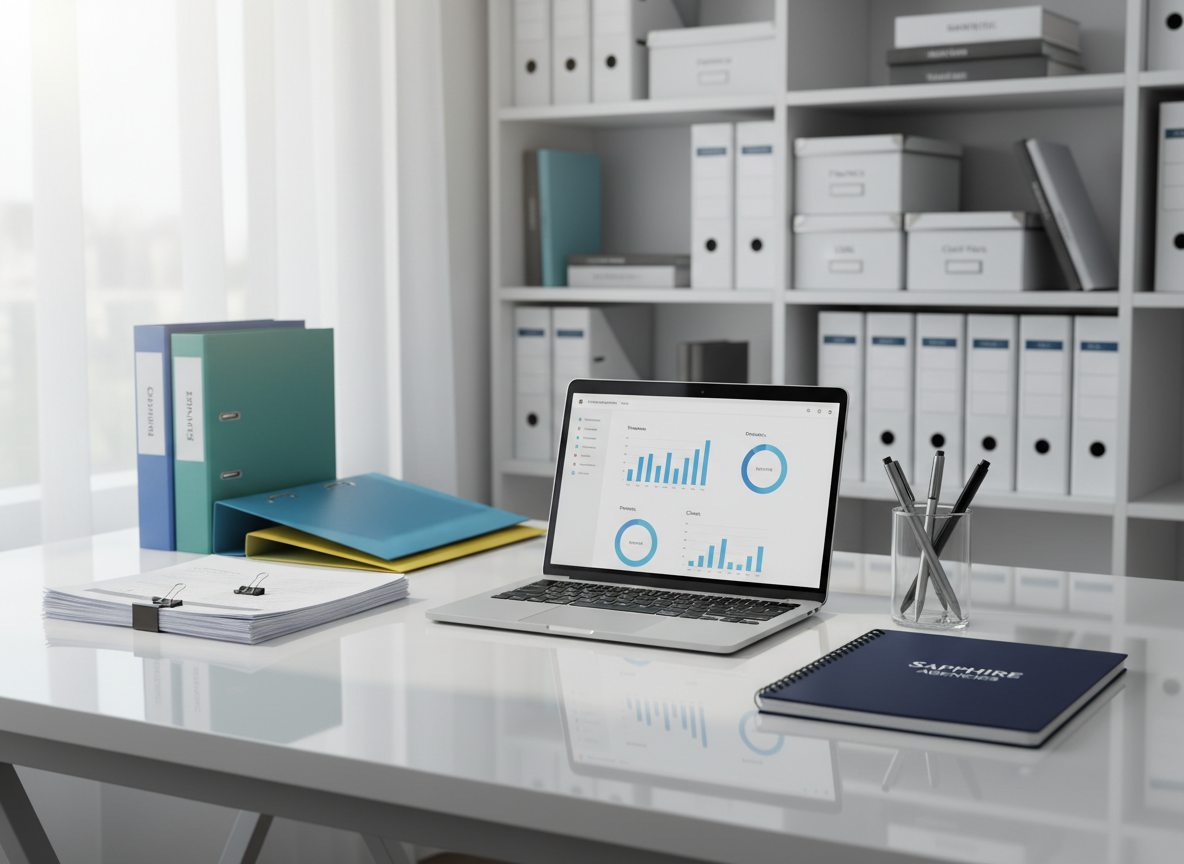 A meticulously organized, modern small-business workspace with a central, glossy white desk covered with neatly stacked invoices, color-coded file folders, and a slim silver laptop displaying a clean dashboard of business metrics. A navy-blue spiral notebook labeled “Sapphire Agencies” rests beside a minimalist glass pen holder. Surrounding shelves hold labeled storage boxes and binders with clear, printed category tags. Soft, natural daylight pours in from a nearby window, creating gentle reflections on the desk surface and subtle shadows from the stationery. Photographic realism, eye-level composition with a shallow depth of field keeps the foreground in crisp focus while the background shelves blur slightly, conveying a calm, professional, and trustworthy atmosphere suitable for a business services homepage hero image.
