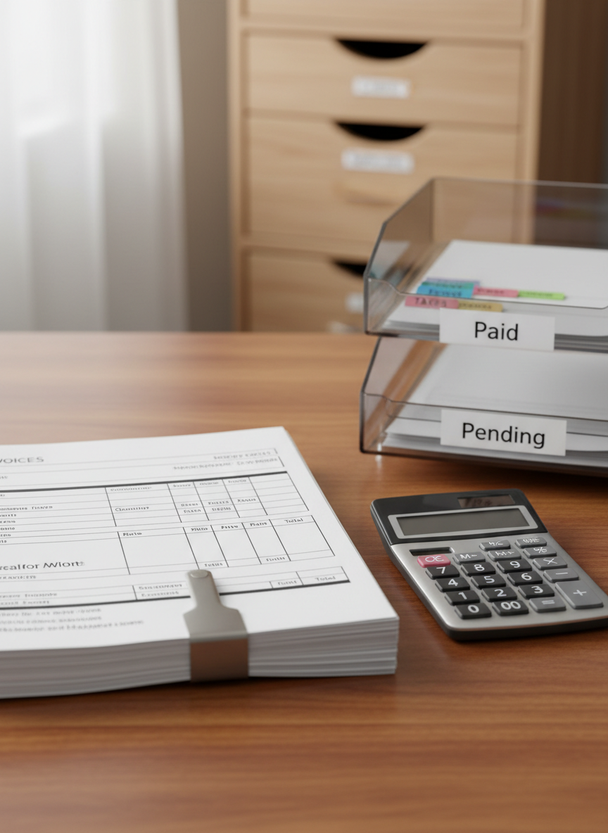 A close-up, photographic realist scene of a polished wooden desk featuring a stack of freshly printed invoices clipped together with a sleek metal binder clip, next to a minimalist calculator and a labeled tray marked “Paid” and “Pending.” Each invoice shows tidy, legible lines and structured sections without revealing any personal data. A tidy filing cabinet with clearly marked tabs is softly blurred in the background. Diffused daylight from an unseen window casts even, neutral-toned light across the paper, creating soft shadows that emphasize order and clarity. Captured from a slightly elevated angle following the rule of thirds, the mood is efficient, precise, and reassuring, highlighting customized administrative support for small businesses.