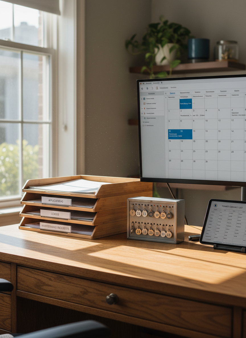 A bright, photographic scene of a home office dedicated to rental management: a broad oak desk with a large monitor displaying a simple calendar of tenant showings and maintenance appointments, surrounded by labeled document trays for “Applications,” “Leases,” and “Maintenance Requests.” A compact metal key organizer with clearly numbered key tags stands alongside a sleek tablet showing a summarized tenant contact list. Natural daylight streams across the workspace from a side window, casting soft, directional shadows that highlight the organization. Shot at eye level with a slightly wide frame, the composition keeps everything in sharp focus, conveying structure, reliability, and calm control for tenant contact and property management coordination services.